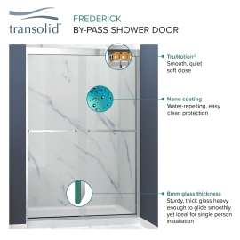 Semi-frameless bypass shower door featuring EXCLUSIVE TruMotion technology with smooth clear glass texture and traditional Turin handles 57-3/4-in to 59-in W x 58-in H