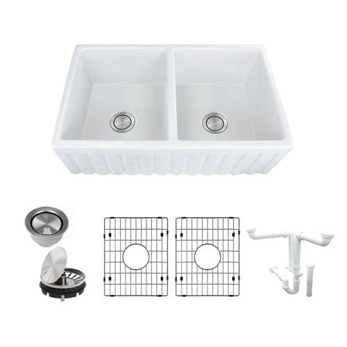 Transolid Logan 33in x 20in Undermount Double Bowl Farmhouse Fireclay Kitchen Sink with Reversible (Fluted/Plain) Front, in White with Grids, Strainers, Installation Kit