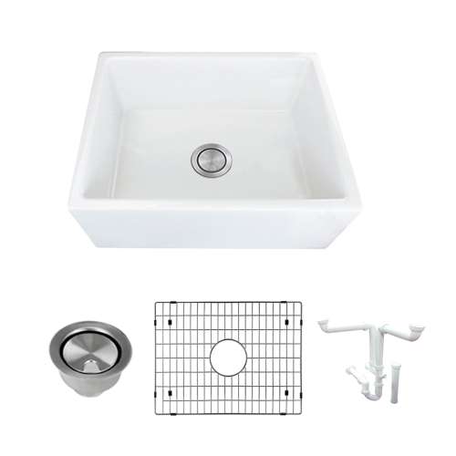 Transolid Porter 24in x 18in Undermount Single Bowl Farmhouse Fireclay Kitchen Sink, in White with Grid, Strainer, Installation Kit