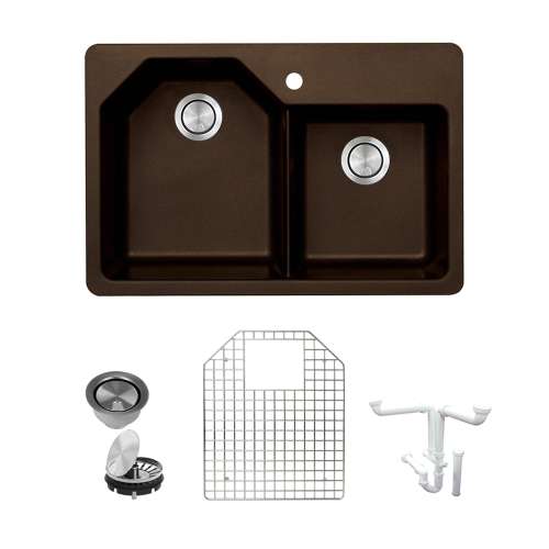 Transolid Genova 33in Granite Offset Double Bowl Dual Mount 1-Hole Kitchen Sink with Grid, Strainer, Disposer Strainer, Installation Kit