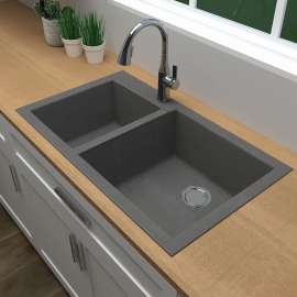 33-in x 18-in x 9-in silQ Granite Kitchen Sink with 1-3/4 Double bowls, Undermount Installation, in Grey