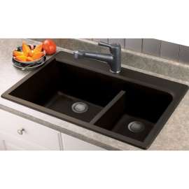 33-in x 22-in x 9.5-in Granite 1-3/4 J-Shaped Double Drop-in 1-Hole Kitchen Sink in Espresso with Grids, Strainer, Disposer Strainer, Installation Kit