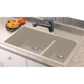 33-in x 22-in x 9.5-in silQ Granite Kitchen Sink with 1-3/4 J-Shaped Double Offset Bowls, Drop-in Installation, with 1 Pre-Drilled Faucet Hole, in CafÃ© Latte