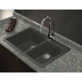 33-in X 22-in X 9.5-in silQ Granite Kitchen Sink with 1-3/4 Double Offset Bowls, Drop-in Installation, with 2 AB Faucet Holes, In Grey