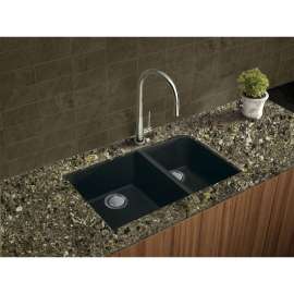 31.75-in x 19.25-in x 9.5-in silQ Granite Kitchen Sink with 1-3/4 J-Shaped Double bowls, Undermount Installation, in Black