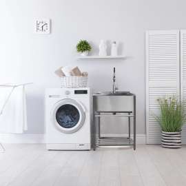 25 in. x 22 in. x 34.3 in. Stainless Steel Laundry Sink with Wash Stand and Faucet in Brushed Satin