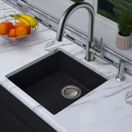 18-in x 18-in x 8-in silQ Granite Kitchen Sink with Single Bowl, Integral, Drop-in, Undermount Installation, with 0 Holes, In Espresso