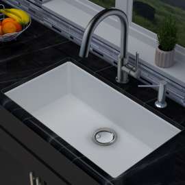 30-in x 18-in x 8-in silQ Granite Kitchen Sink with Super Single Bowl, Integral, Drop-in, Undermount Installation, with 0 Holes, In Total White