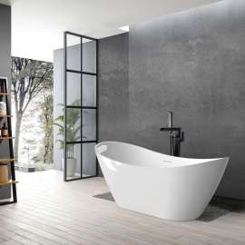 KF-AFTS5931-G31MB Skylar 59-in x 31-in x 27-in Freestanding Acrylic Bathtub Kit With Center Drain, Bath Pillow And Matte Black Tub Filler, White (Gloss)