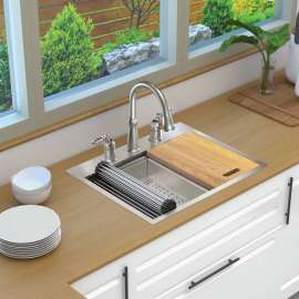 KWSST272210-3 27-in X 22-in X 10-in 18-Gauge Drop-in Stainless Steel Kitchen Workstation Sink with 3 Faucet Holes