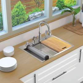 KWSST272210-4 27-in X 22-in X 10-in 18-Gauge Drop-in Stainless Steel Kitchen Workstation Sink with 4 Faucet Holes