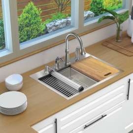 KWSST302210-4 30-in X 22-in X 10-in 18-Gauge Drop-in Stainless Steel Kitchen Workstation Sink with 4 Faucet Holes