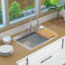 KWSST332210-4 32-in X 22-in X 10-in 18-Gauge Drop-in Stainless Steel Kitchen Workstation Sink with 4 Faucet Holes