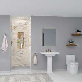 SWKX36367224-49V SaraMar 36-in x 36-in x 96-in Glue to Wall 6-Piece Shower Wall Trimmable Kit with Extension, Sand Creme Velvet