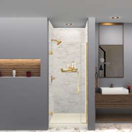 SWKX36368412-48V SaraMar 36-in x 36-in x 96-in Glue to Wall 6-Piece Shower Wall Trimmable Kit with Extension, Biscotti Marble Velvet