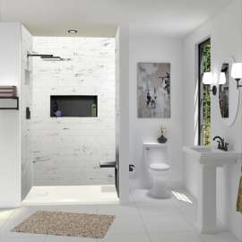 FZSTR6332-32 Trimslate 63-in x 32-in Tub Replacement Shower Base with Adjustable Single Threshold and End Drain, Cameo