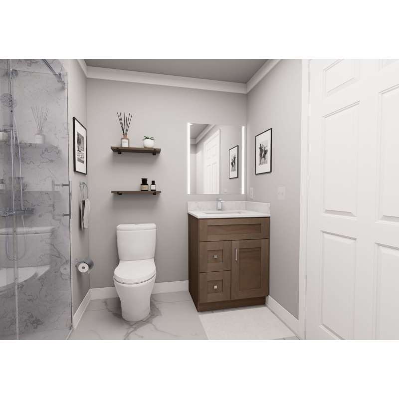27-in x 21-in x 35-in Ready to Assemble Shaker Vanity Combo Base Cabinet With Two Drawers on Left, Tan Wood