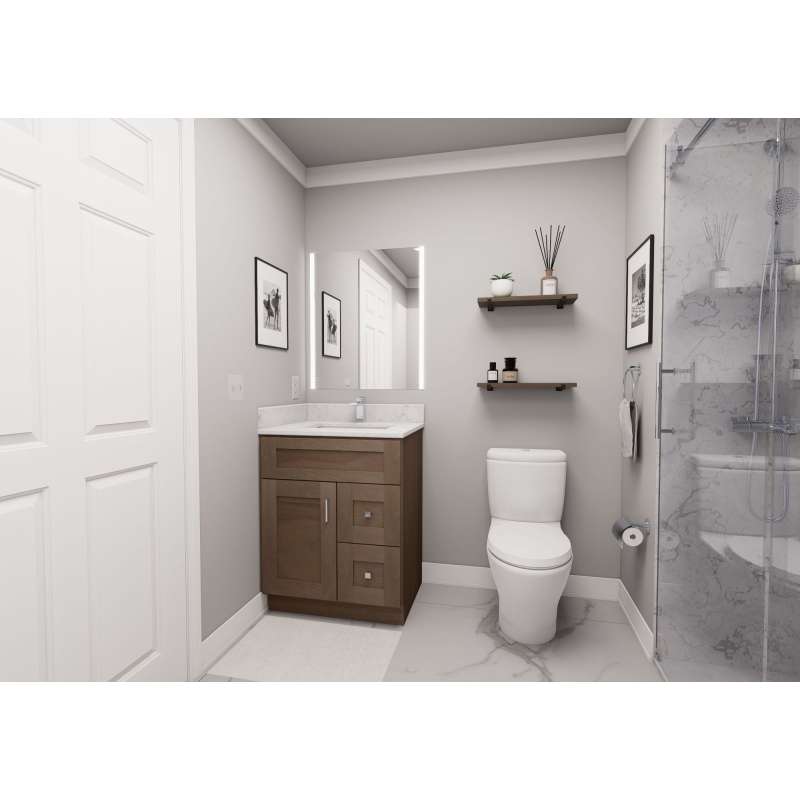 27-in x 21-in x 35-in Ready to Assemble Shaker Vanity Combo Base Cabinet With Two Drawers on Right, Tan Wood