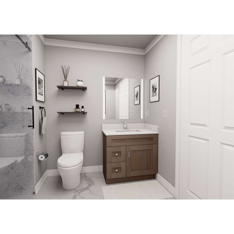 30-in x 18-in x 31-in Ready To Assemble Shaker Single Door with Two Left-Side Drawers Vanity Base Cabinet, Tan Wood
