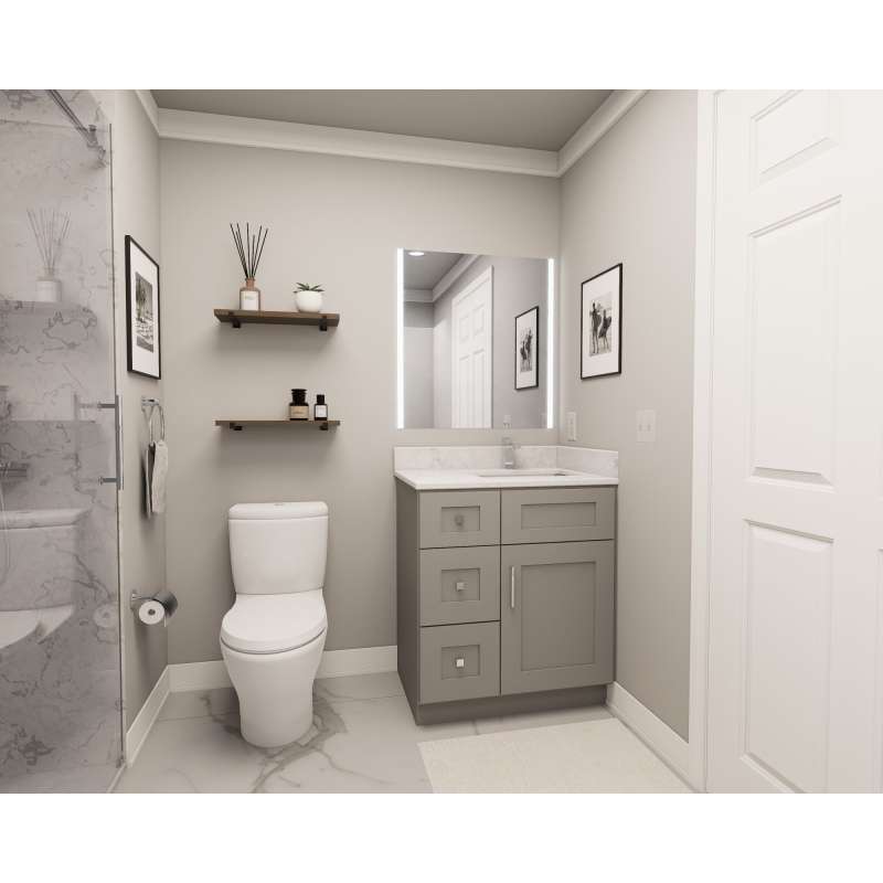 30-in x 21-in x 35-in Ready To Assemble Shaker Vanity Combo Base Cabinet With Three Drawers on Left, Light Grey