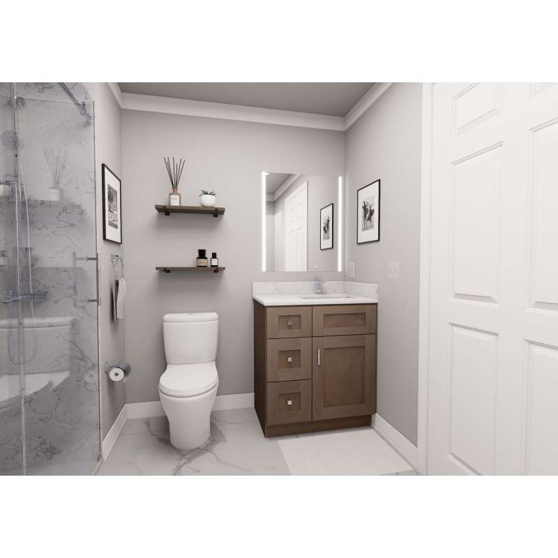 30-in x 21-in x 35-in Ready To Assemble Shaker Vanity Combo Base Cabinet With Three Drawers on Left, Tan Wood