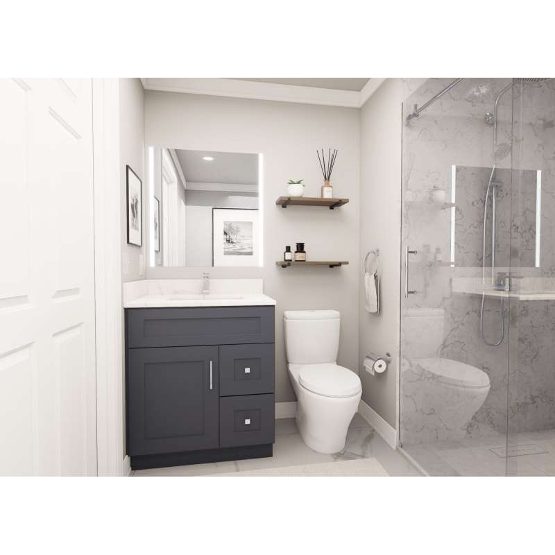 30-in x 21-in x 35-in Ready to Assemble Shaker Vanity Combo Base Cabinet With Two Drawers on Right, Navy Blue
