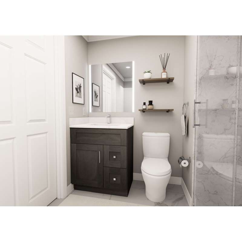 30-in x 21-in x 35-in Ready to Assemble Shaker Vanity Combo Base Cabinet With Two Drawers on Right, Smokey Grey