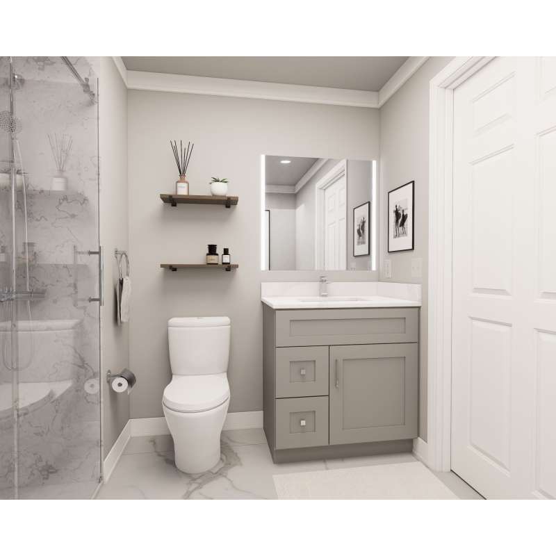 27-in x 21-in x 35-in Ready to Assemble Shaker Vanity Combo Base Cabinet With Two Drawers on Left, Light Grey