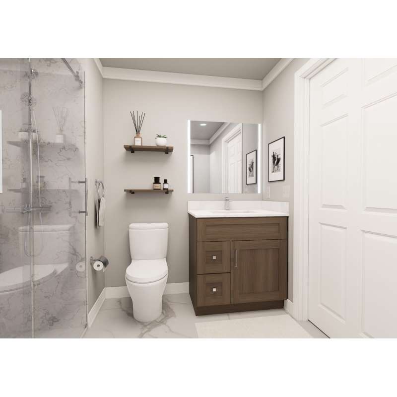33-in x 21-in x 35-in Ready to Assemble Shaker Vanity Combo Base Cabinet With Two Drawers on Left, Tan Wood