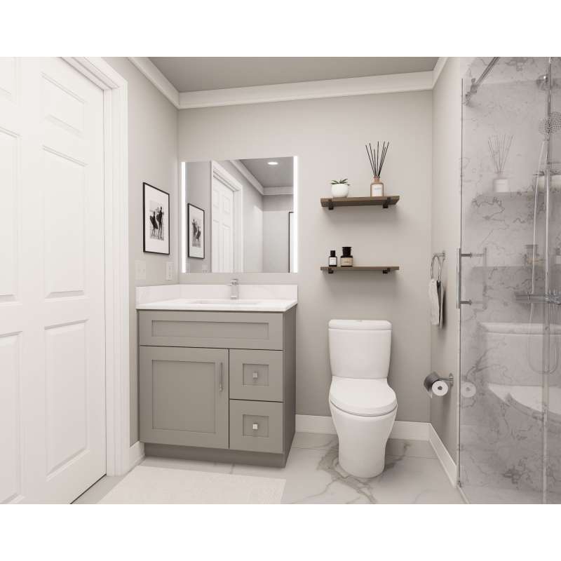 27-in x 21-in x 35-in Ready to Assemble Shaker Vanity Combo Base Cabinet With Two Drawers on Right, Light Grey