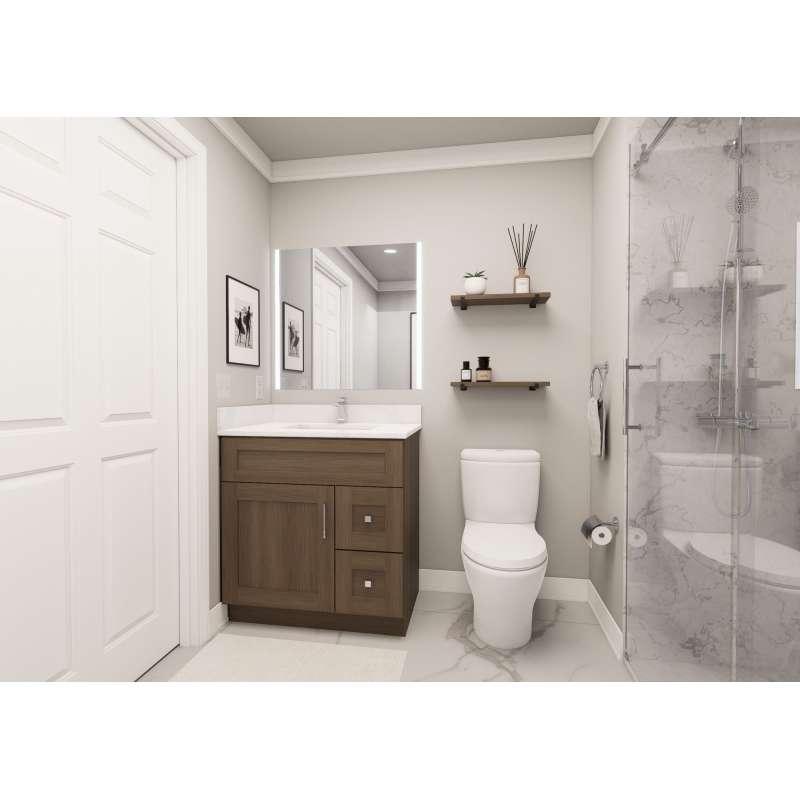 33-in x 21-in x 35-in Ready to Assemble Shaker Vanity Combo Base Cabinet With Two Drawers on Right, Tan Wood
