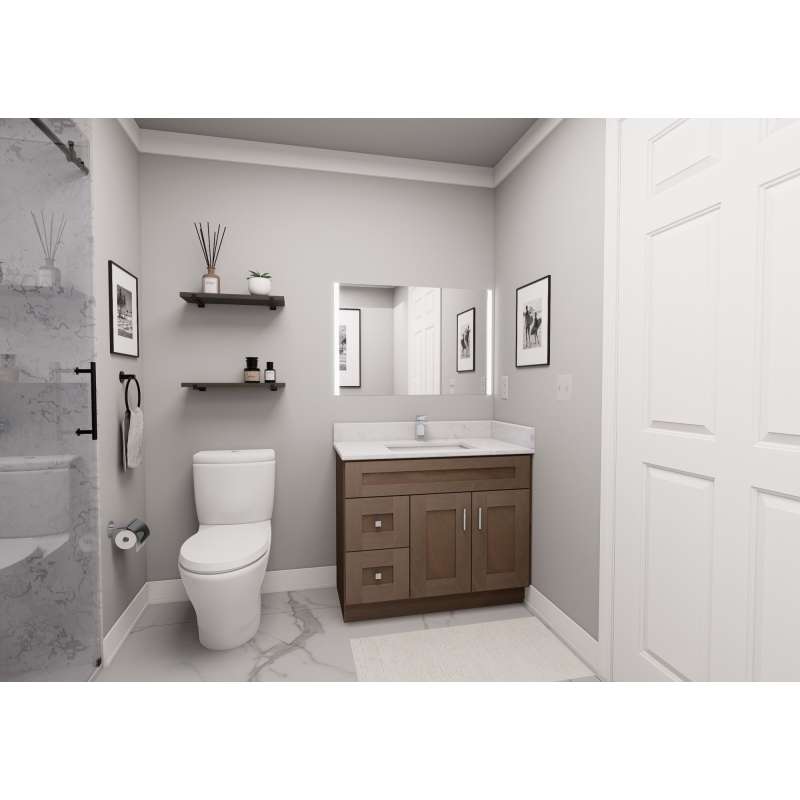 36-in x 18-in x 31-in Ready To Assemble Shaker Double Door with Two Left-Side Drawers Vanity Base Cabinet, Tan Wood