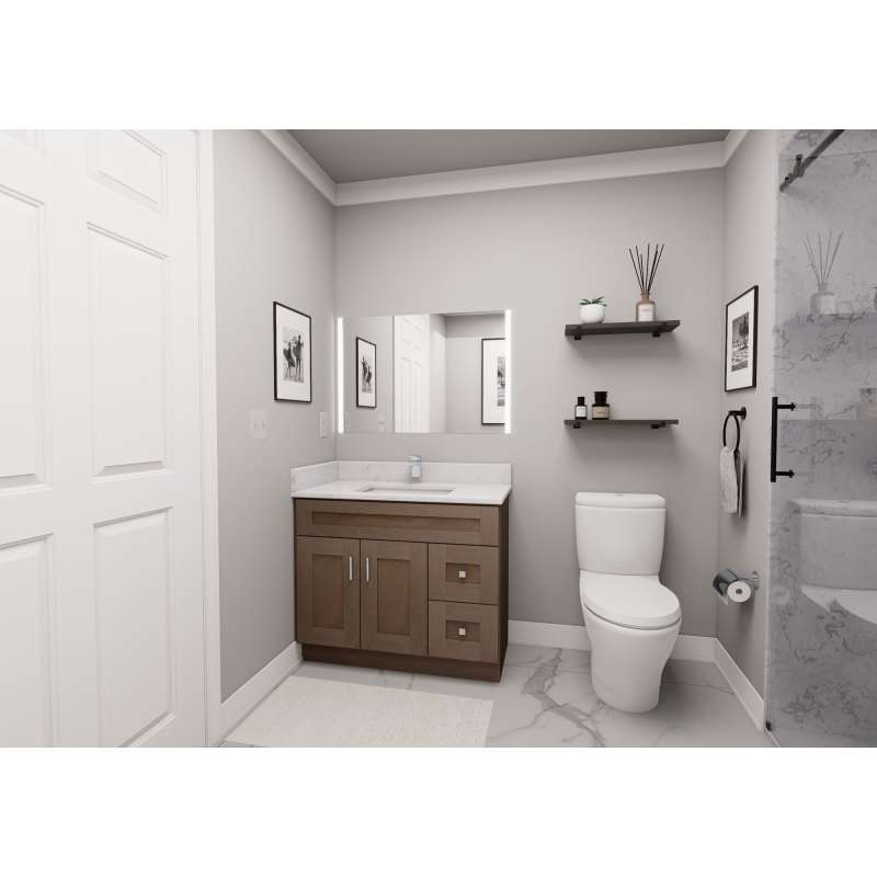 36-in x 18-in x 31-in Ready To Assemble Shaker Double Door with Two Right-Side Drawers Vanity Base Cabinet, Tan Wood