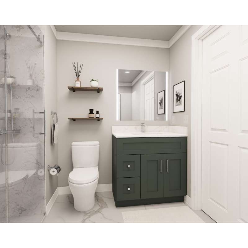 36-in x 21-in x 35-in Ready to Assemble Shaker Vanity Combo Base Cabinet With Two Drawers on Left, Green