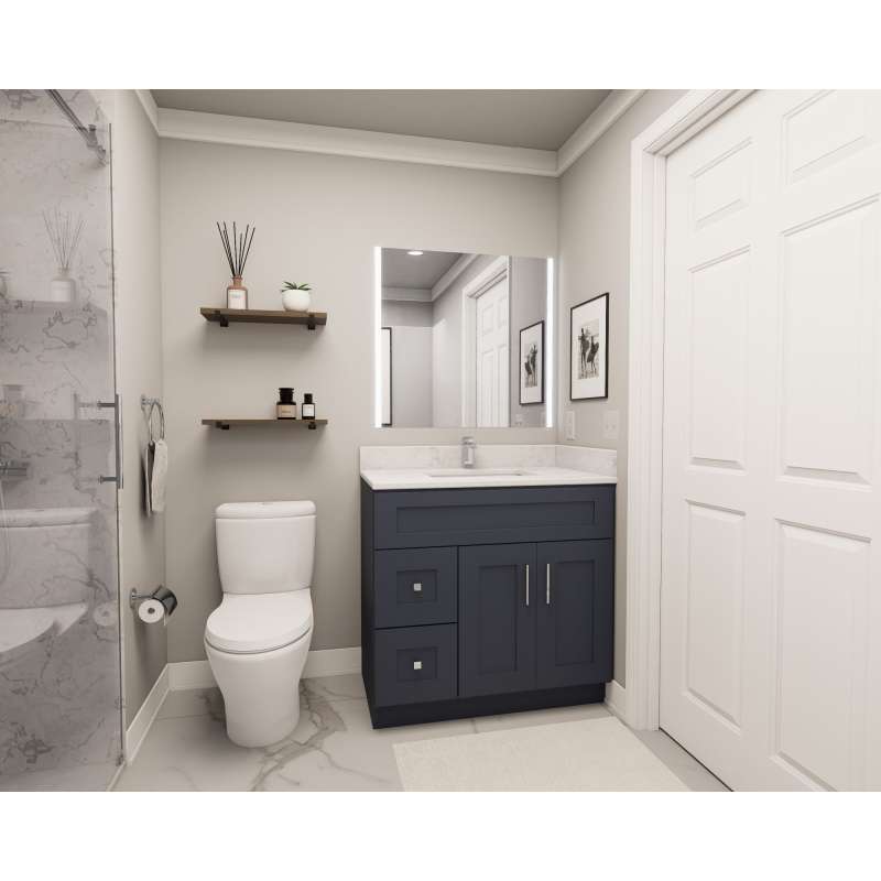 36-in x 21-in x 35-in Ready to Assemble Shaker Vanity Combo Base Cabinet With Two Drawers on Left, Navy Blue