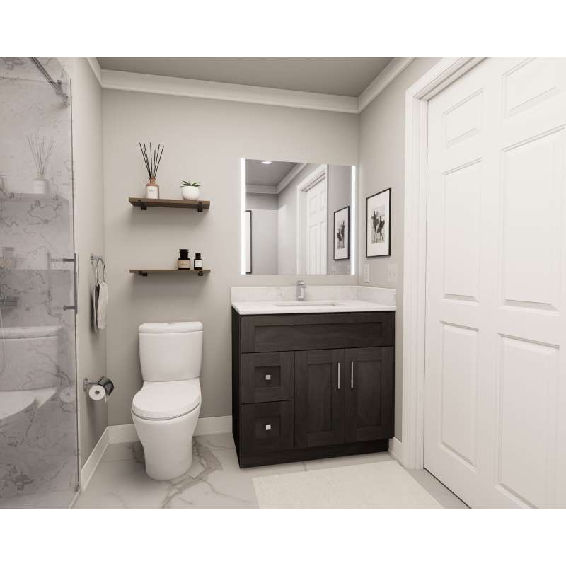 36-in x 21-in x 35-in Ready to Assemble Shaker Vanity Combo Base Cabinet With Two Drawers on Left, Smokey Grey
