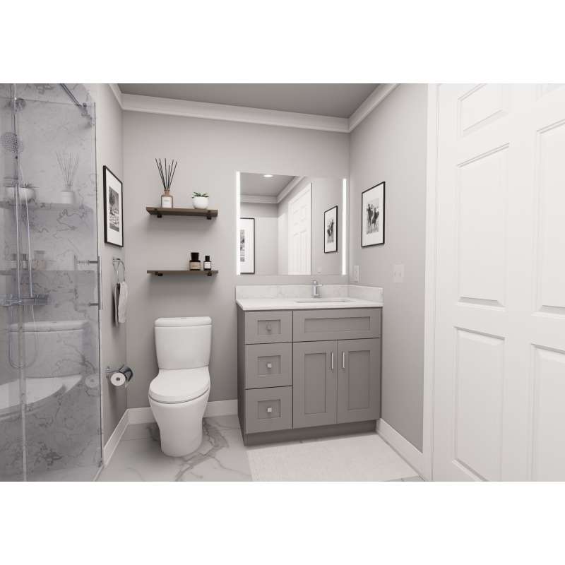 36-in x 21-in x 35-in Ready To Assemble Shaker Vanity Combo Base Cabinet With Three Drawers on Left, Light Grey