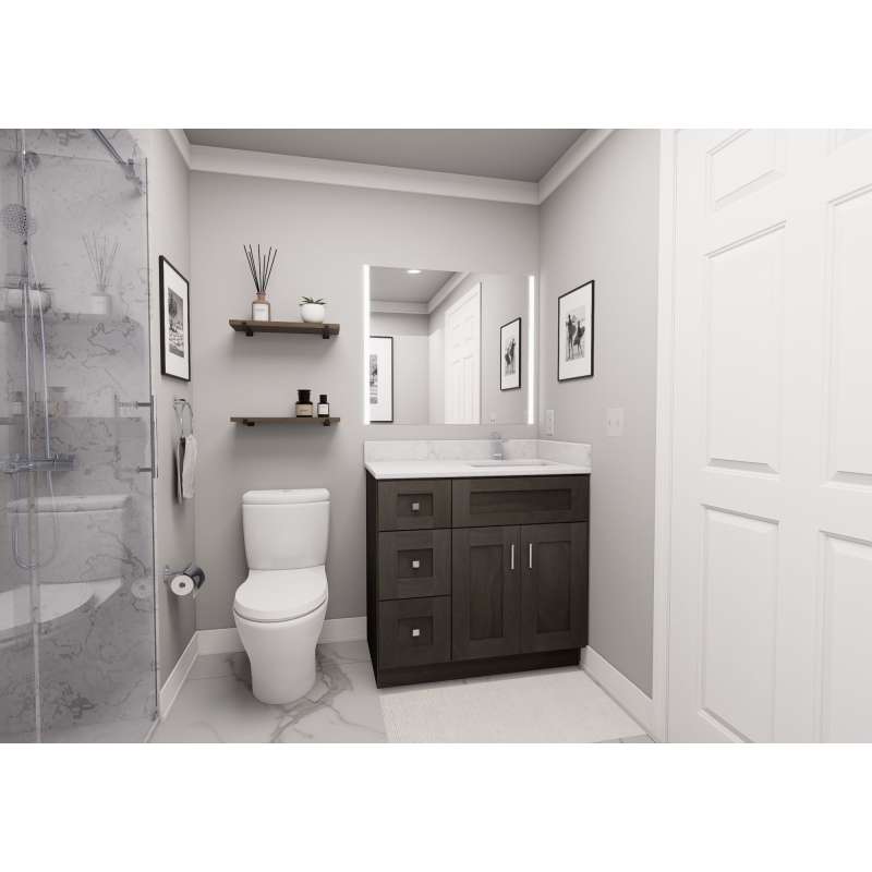 36-in x 21-in x 35-in Ready To Assemble Shaker Vanity Combo Base Cabinet With Three Drawers on Left, Smokey Grey