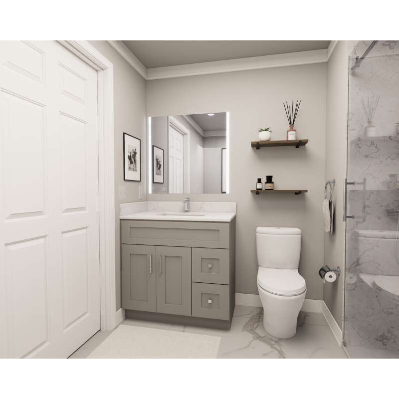 36-in x 21-in x 35-in Ready to Assemble Shaker Vanity Combo Base Cabinet With Two Drawers on Right, Light Grey