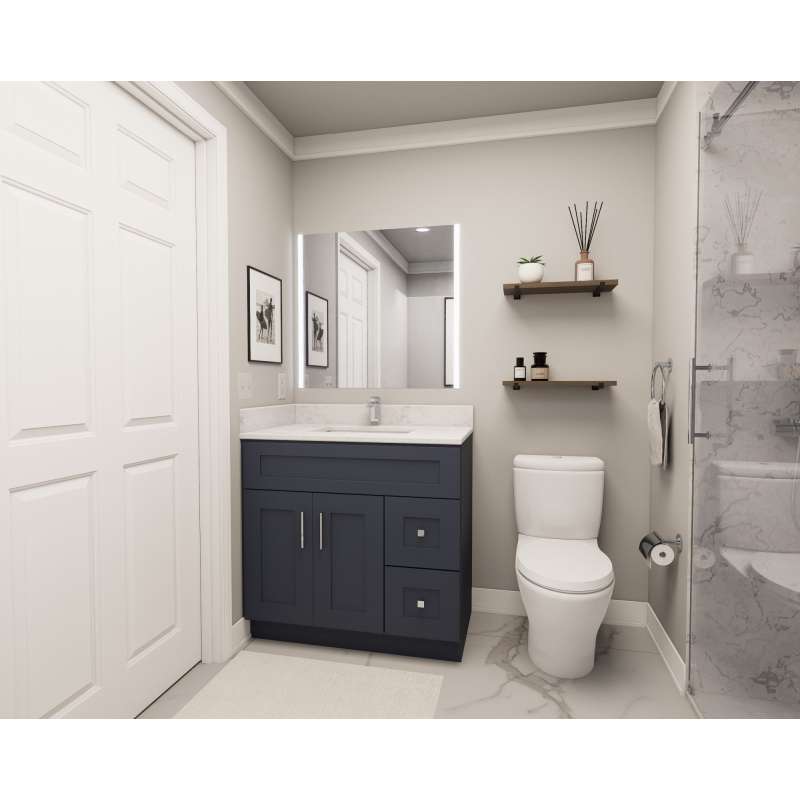 36-in x 21-in x 35-in Ready to Assemble Shaker Vanity Combo Base Cabinet With Two Drawers on Right, Navy Blue