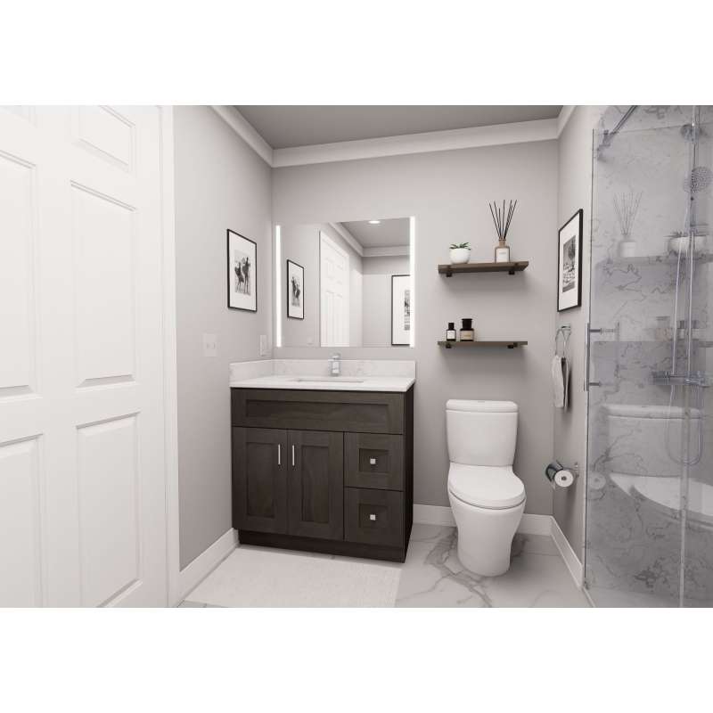 36-in x 21-in x 35-in Ready to Assemble Shaker Vanity Combo Base Cabinet With Two Drawers on Right, Smokey Grey