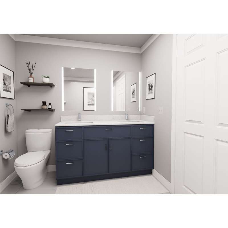 60-in x 21-in x 35-in Ready to Assemble Slim Shaker Vanity Combo Base Cabinet With Double Drawer Stack, Navy Blue
