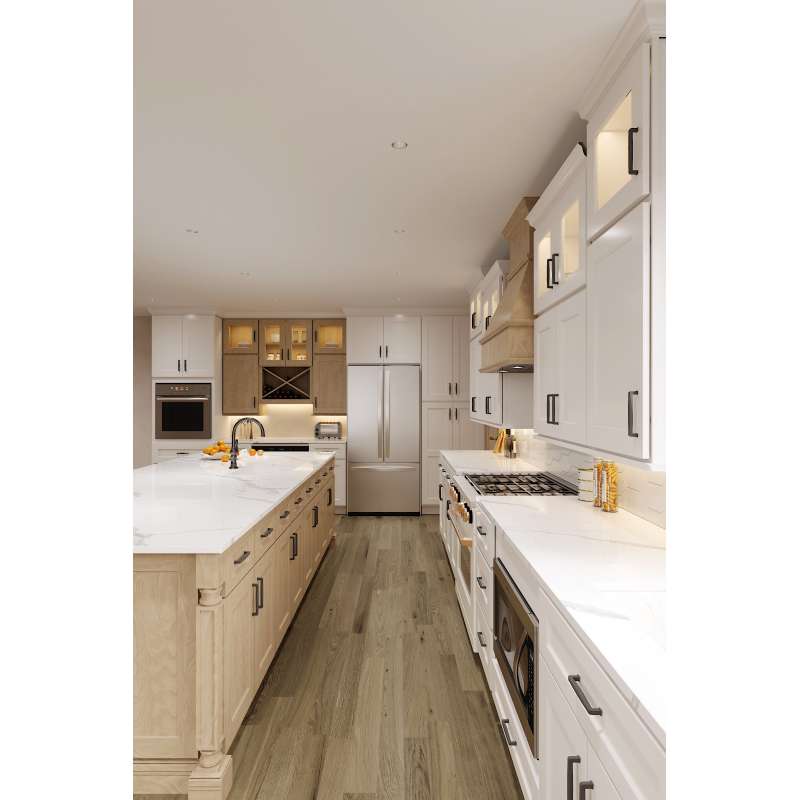 42-in x 24-in x 35-in Ready To Assemble Shaker Double Door Double Drawer Base Cabinet, Tan Wood, B42-RTA-FR01-TW